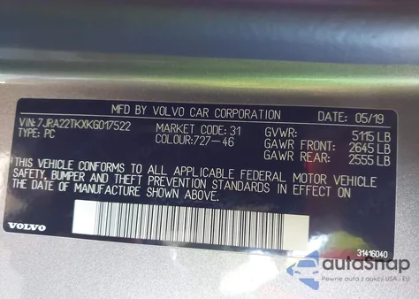 2019 Volvo S60 T6 Momentum from USA, damaged, VIN 7JRA22TKXKG017522